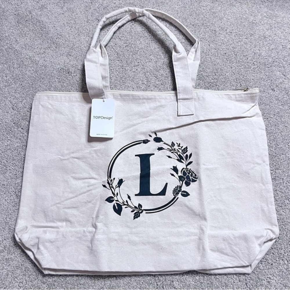 NWT Top Design canvas cotton monogram tote bag with zipper